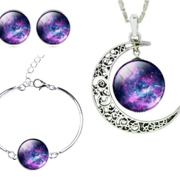 Jewelry - 4PC galaxy nebula purple necklace cresent moon set
